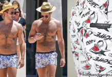 STYLE : Nico Tortorella wearing Philipp Plein swim shorts
