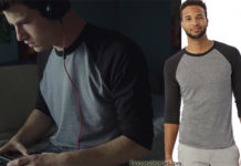 13 REASONS WHY : Clay wearing a black and grey baseball tee-shirt in s1ep02