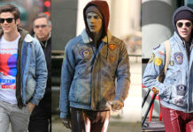 STYLE : Grant Gustin customizes his denim bomber jacket with patches