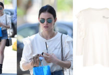 STYLE : Lucy Hale in denim shorts and « eternal » print top