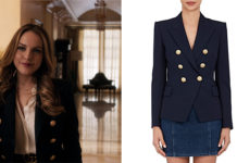 DYNASTY : Fallon Carrington wearing a navy blue double breasted gold button blazer in S1ep01