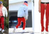 STYLE : Justin Bieber in Red & Off-White Knit Track Pants