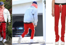 STYLE : Justin Bieber in Red & Off-White Knit Track Pants