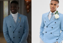 EMILY IN PARIS : Julien’s double breasted blazer with wool mix large scale houndstooth in blue in S1E10