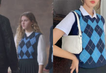 Léo Matteï, Brigade des mineurs : le pull bleu à losanges, sans manches de Capucine dans l’épisode 33