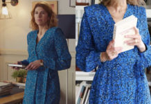 DEMAIN NOUS APPARTIENT : la robe bleue imprimé animal de Sandrine dans l’épisode 874