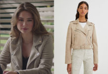 ICI TOUT COMMENCE : la veste de biker beige en suédine de Charlène