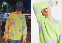 STREET STYLE : Mason Cook’s green knitted sweater with polka dot design