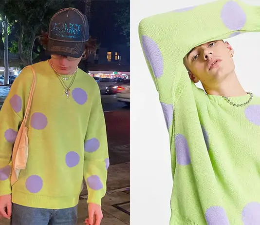 STREET STYLE : Mason Cook’s green knitted sweater with polka dot design