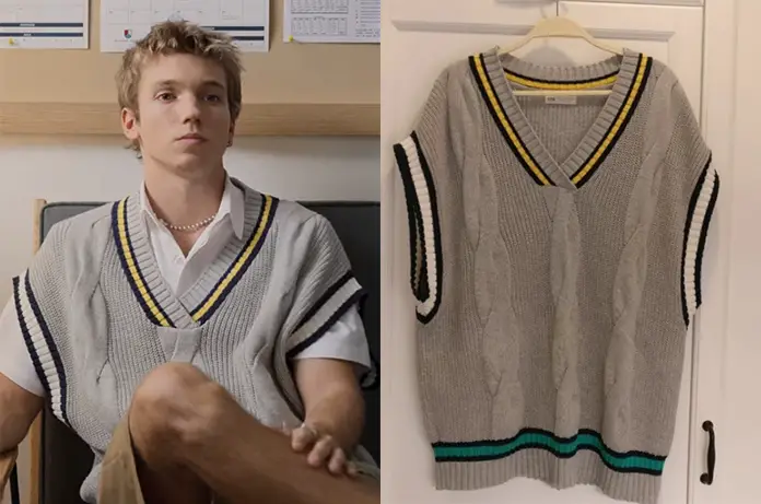 REBELDE : Luka’s grey cable-knit sleeveless sweater in S1E07
