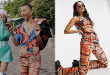 EMILY IN PARIS : Étienne’s exposed seam patterned flare trouser with thong detail in orange in S3E01