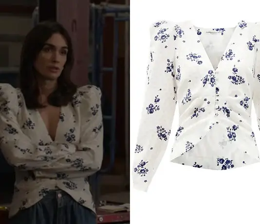 KALEIDOSCOPE : Ava’s Rose-Printed Silk Collarless Jacket in the blue episode