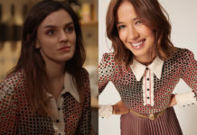 UN SI GRAND SOLEIL : la blouse écru avec un imprimé graphique portée par Margot