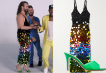 QUEER EYE : Jonathan’s Open-back pailette-embellished wool midi dress and green shoes in S703