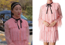 XO KITTY : Yuri’s pink Tiered Ruffle Buttondown Dress in S1E02