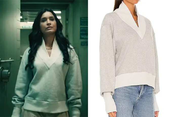 Dean Indira’s Grey Heather Extended V-Neck Sweatshirt S1E02