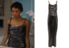 EVERYTHING NOW : Mia’s draped chain-trim coated-jersey maxi dress in S1E04