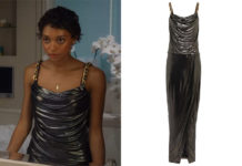 EVERYTHING NOW : Mia’s draped chain-trim coated-jersey maxi dress in S1E04