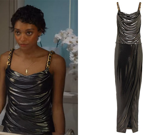 EVERYTHING NOW : Mia’s draped chain-trim coated-jersey maxi dress in S1E04