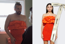 QUEER EYE : Jonathan’s red dress with draped off-the- shoulders neckline and ribbon