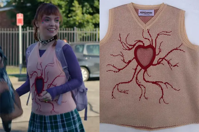 HEARTBREAK HIGH Quinni’s centered heart with blood vessels knitted cream vest S1E01
