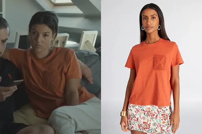 TRENTENAIRES t-shirt orange avec poche maille d’Aless dans l’épisode 2×16