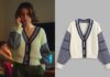CULTE : le Cardigan à col en V contrastant avec motif graphique d’Isabelle dans l’épisode 3