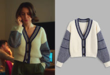 CULTE : le Cardigan à col en V contrastant avec motif graphique d’Isabelle dans l’épisode 3