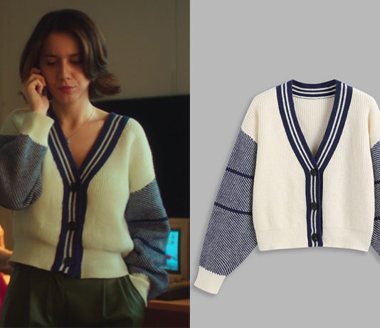 CULTE : le Cardigan à col en V contrastant avec motif graphique d’Isabelle dans l’épisode 3