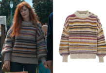 DERNIÈRE NUIT À TREMOR : le pull beige à rayures multicolores de Judy dans l’épisode 6