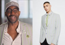 QUEER EYE : Karamo’s light gray blazer with fluorescent green pinstripes in S9E06