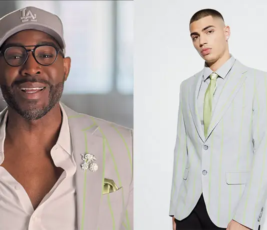 QUEER EYE : Karamo’s light gray blazer with fluorescent green pinstripes in S9E06