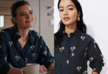 DEMAIN NOUS APPARTIENT : la chemise bleu marine de Marine dans l’épisode 2051